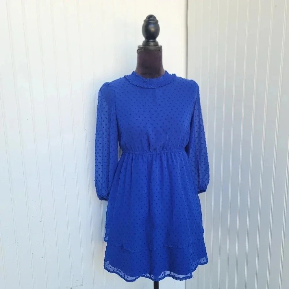 Poppies & Roses Blue High Neck A-Line Long Sleeve Dress Polka Sz 16